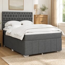 Double Box Spring Bed with Pocket Mattress LED Lights Grey Fabric Headboard
