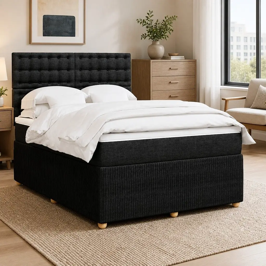 Double Box Spring Bed with Pocket Sprung Mattress Adjustable Headboard LED Lights Black Fabric