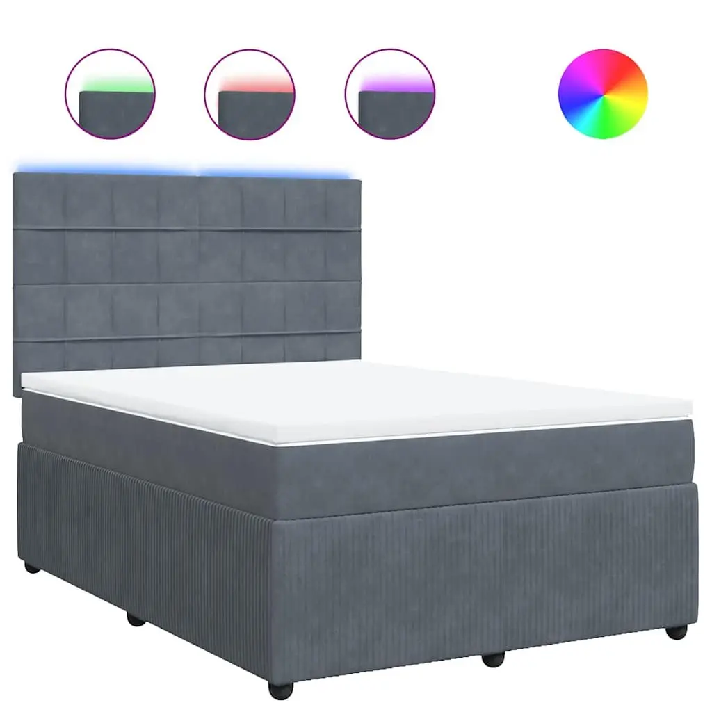 Box Spring Bed Queen Size Dark Grey Velvet LED Headboard