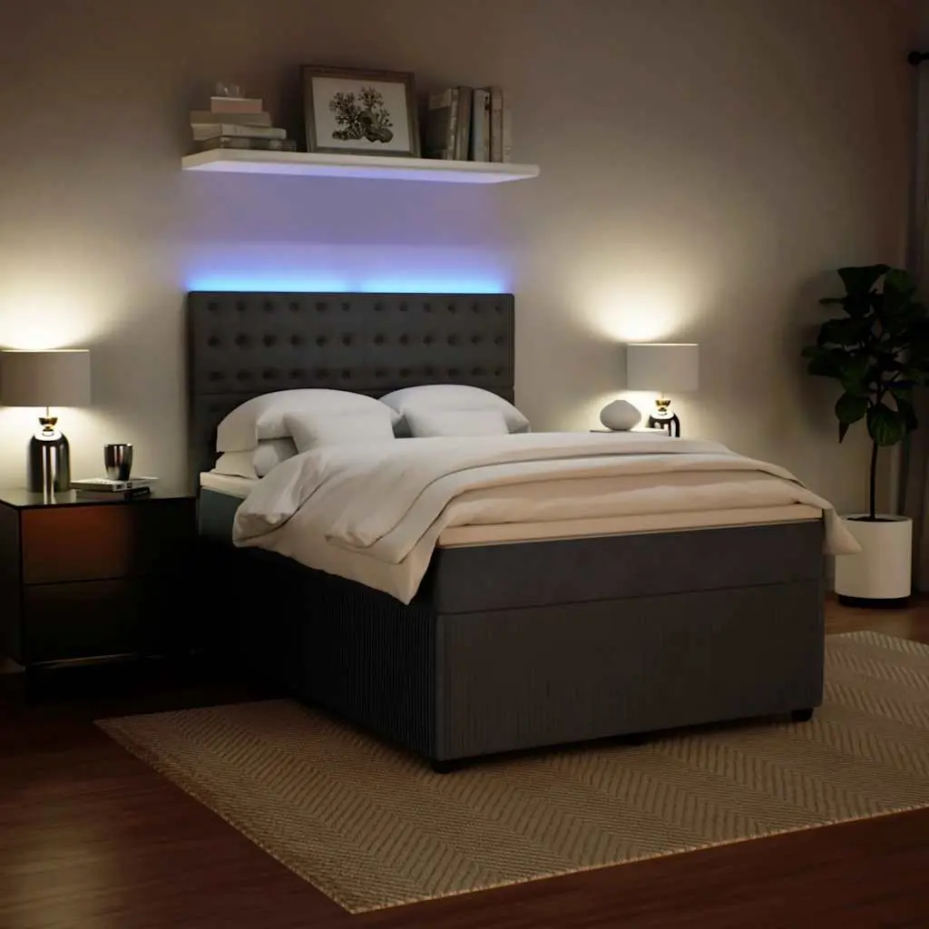 Queen Box Spring Bed Frame with Mattress Dark Grey Velvet LED Headboard
