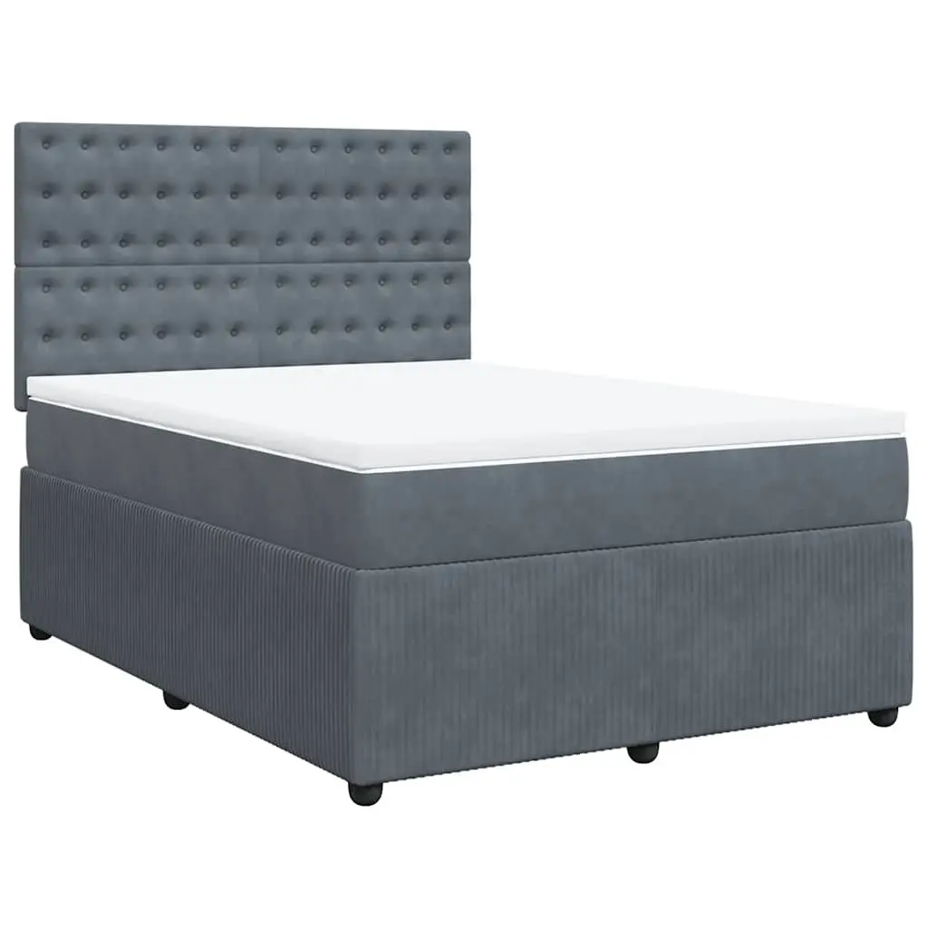 Queen Box Spring Bed Frame with Mattress Dark Grey Velvet LED Headboard