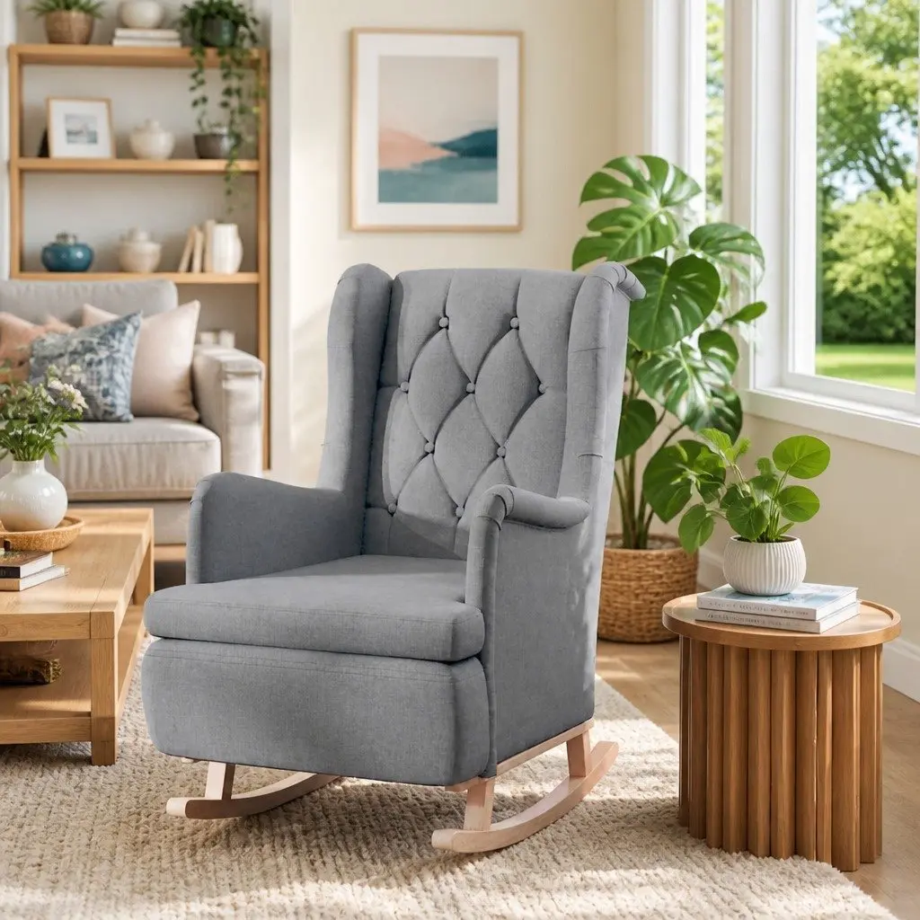 Rocking Armchair Grey Soft Fabric Upholstered Padded Foam Rubber Wood Legs