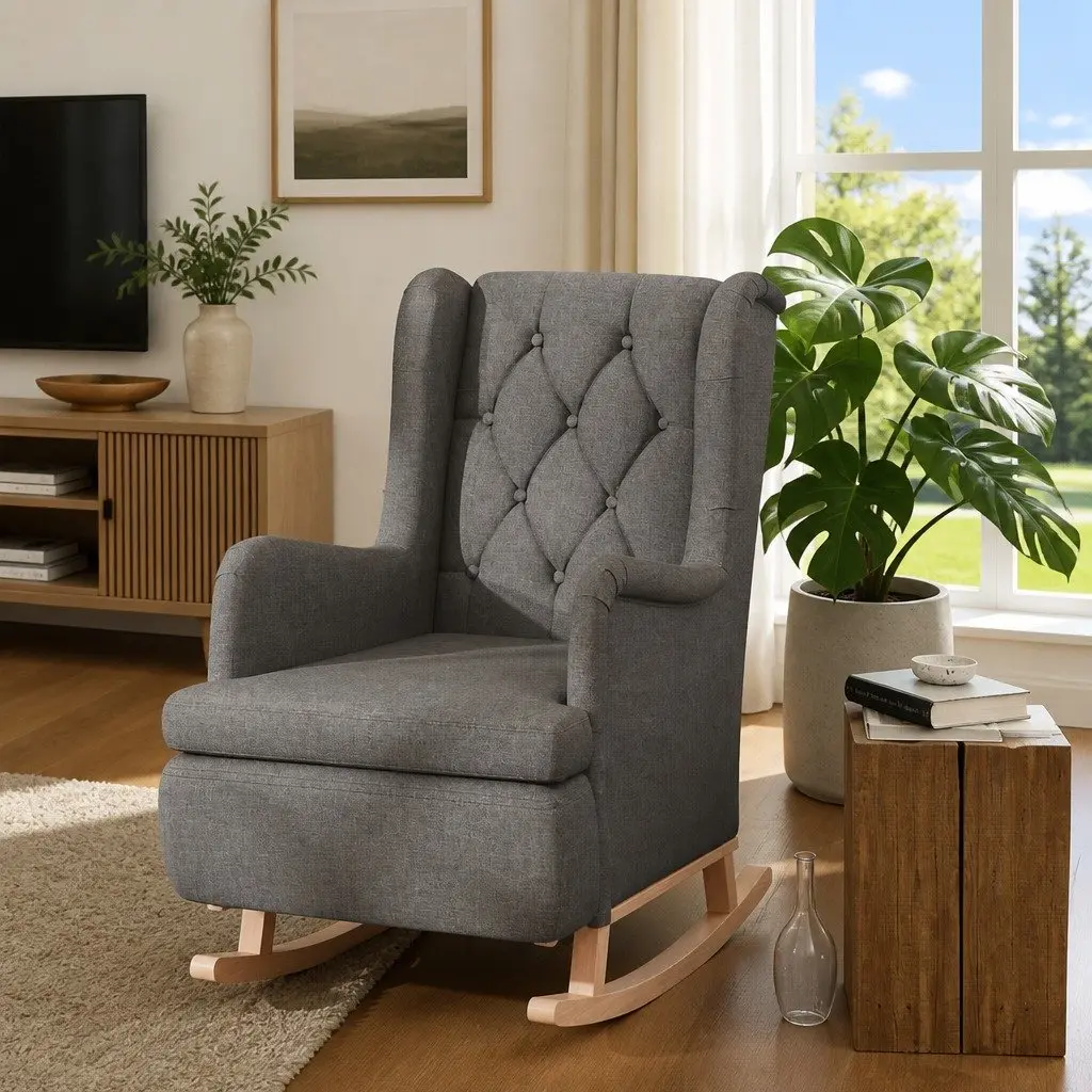 Grey Fabric Armchair Padded Foam Upholstered Seat Rocking Legs Living Room Furniture