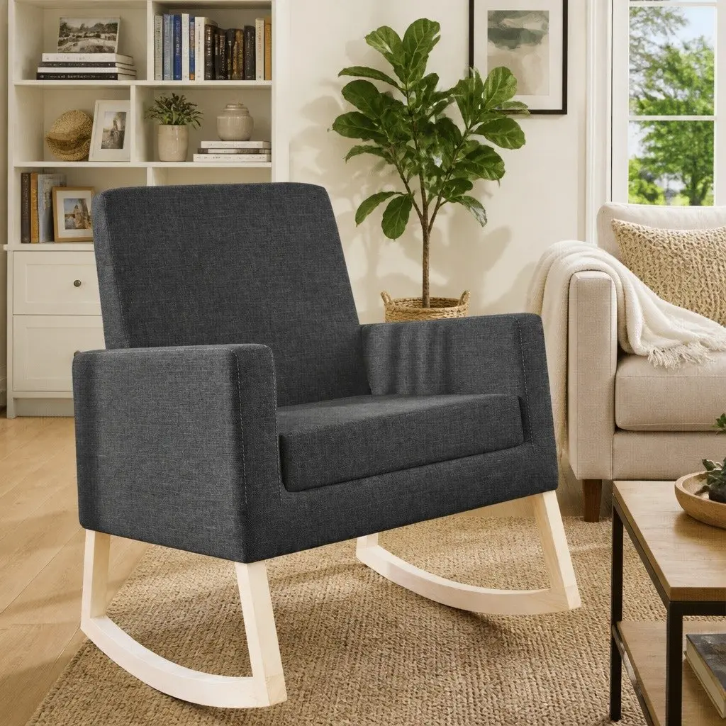 Rocking Chair Grey Fabric Upholstered Wooden Armrest Relaxing