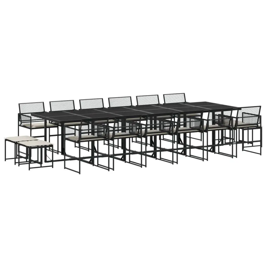 Outdoor Furniture Set 17 Piece Black PE Rattan Dining Chairs and Table with Tempered Glass Top and Cushions for Patio Garden