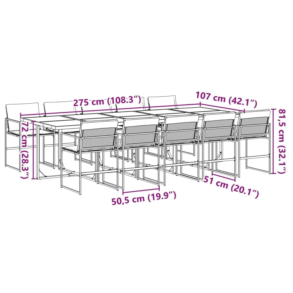 Garden Dining Set 11 Piece Outdoor Furniture Black Textilene Chairs Table Tempered Glass Top Foldable Backrests Removable Cushions