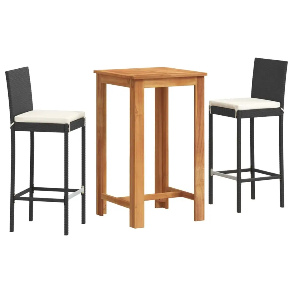 3 Piece Garden Bar Set Outdoor Poly Rattan Acacia Wood Table and Stools Black