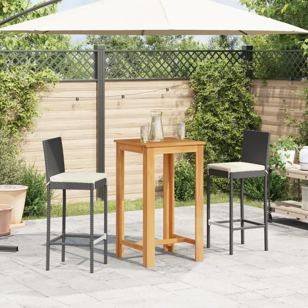 3 Piece Garden Bar Set Outdoor Poly Rattan Acacia Wood Table and Stools Black