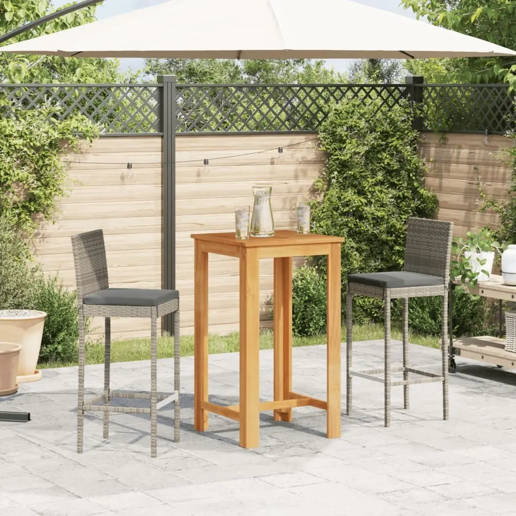 3 Piece Garden Bar Set Grey Acacia Wood Table with Poly Rattan Stools and Cushions