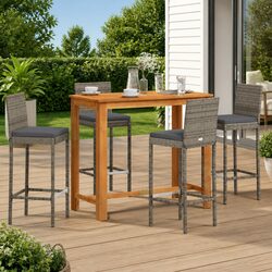 5-Piece Outdoor Bar Set - Grey Rattan with Acacia Table