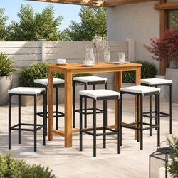 Garden Bar Set 7 Piece Outdoor Furniture Black PE Rattan Acacia Wood Table