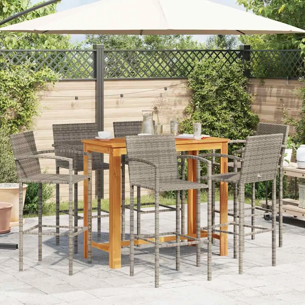 Garden Bar Set 7 Piece Grey Outdoor Bar Table and Stools Acacia Wood Poly Rattan