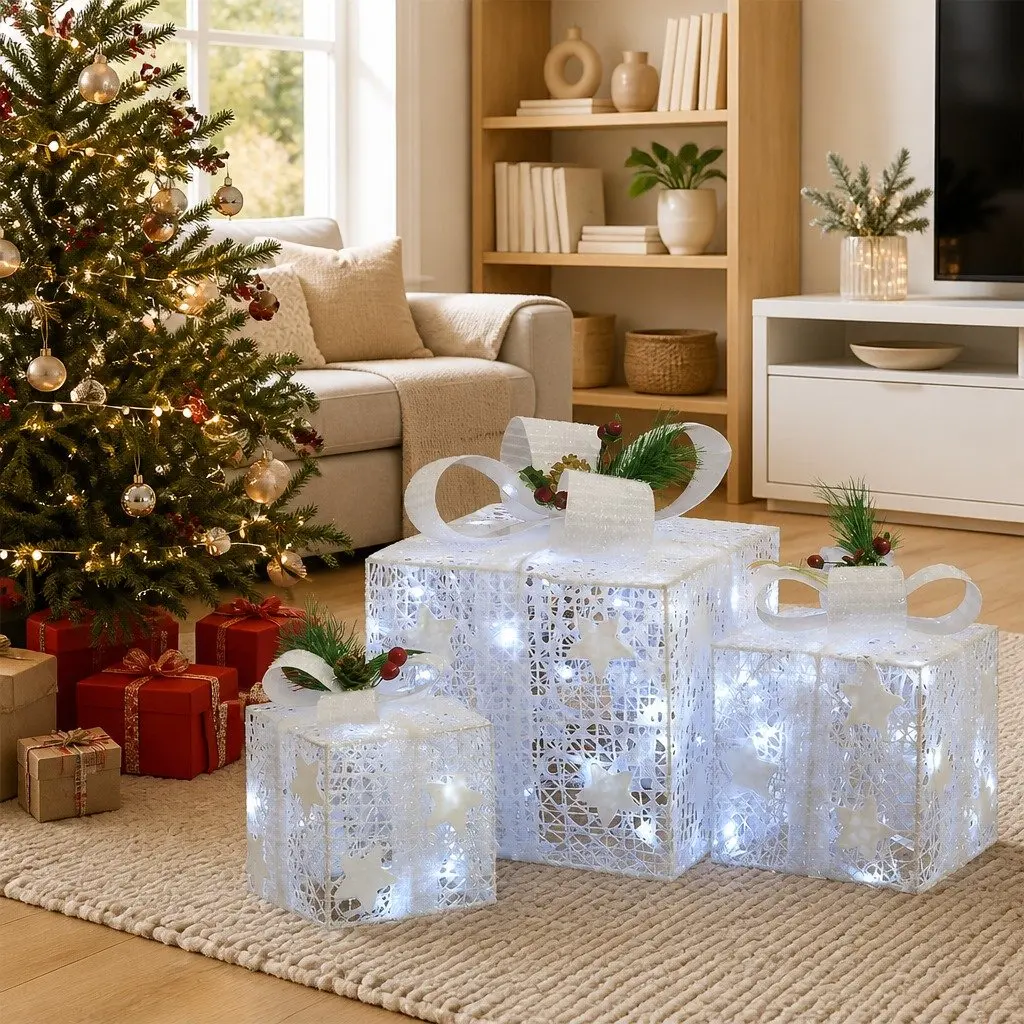 Christmas Gift Boxes 3 Piece White LED Lighted Decor with 8 Lighting Effects for Indoor Outdoor Use