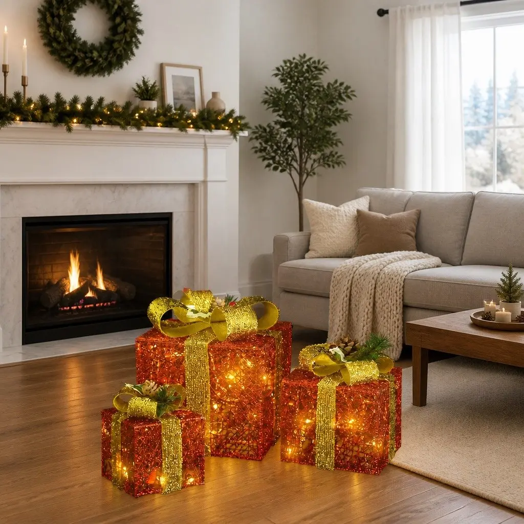 Decorative Gift Boxes Set 3 Piece Red LED Lights Indoor Outdoor Holiday