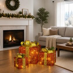 Decorative Christmas Gift Boxes Set 3pcs Red LED Lights Indoor Outdoor Holiday