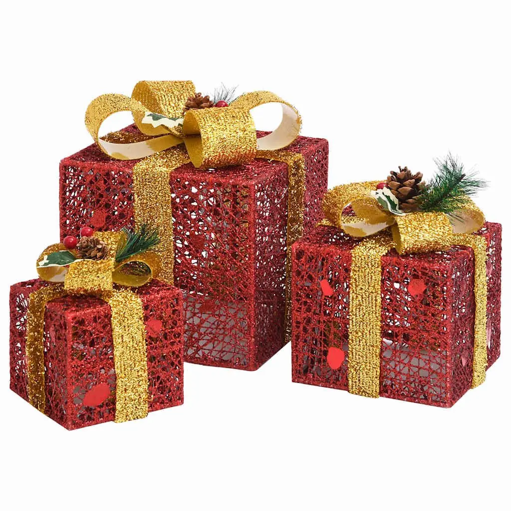 Decorative Gift Boxes Set 3 Piece Red LED Lights Indoor Outdoor Holiday