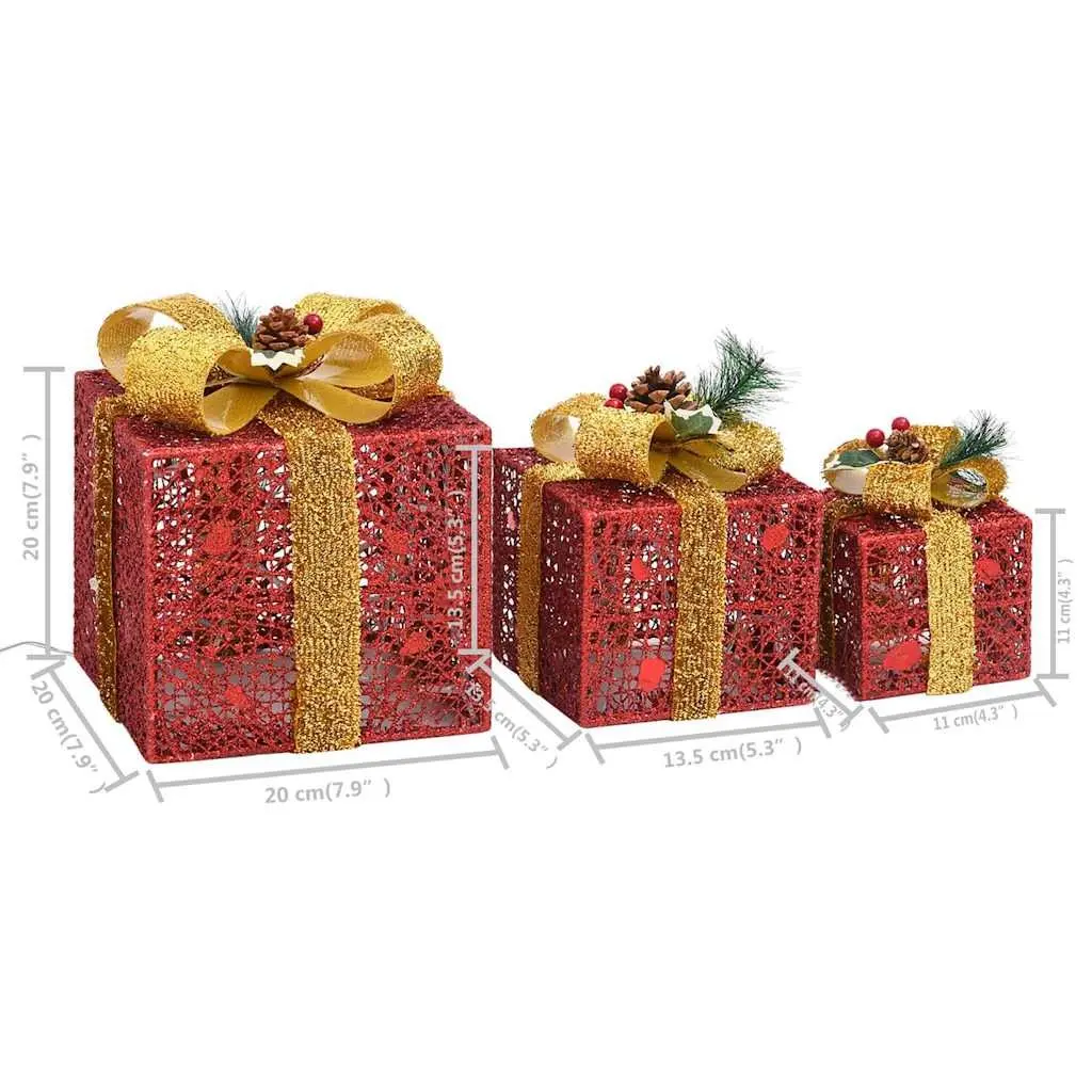 Decorative Gift Boxes Set 3 Piece Red LED Lights Indoor Outdoor Holiday