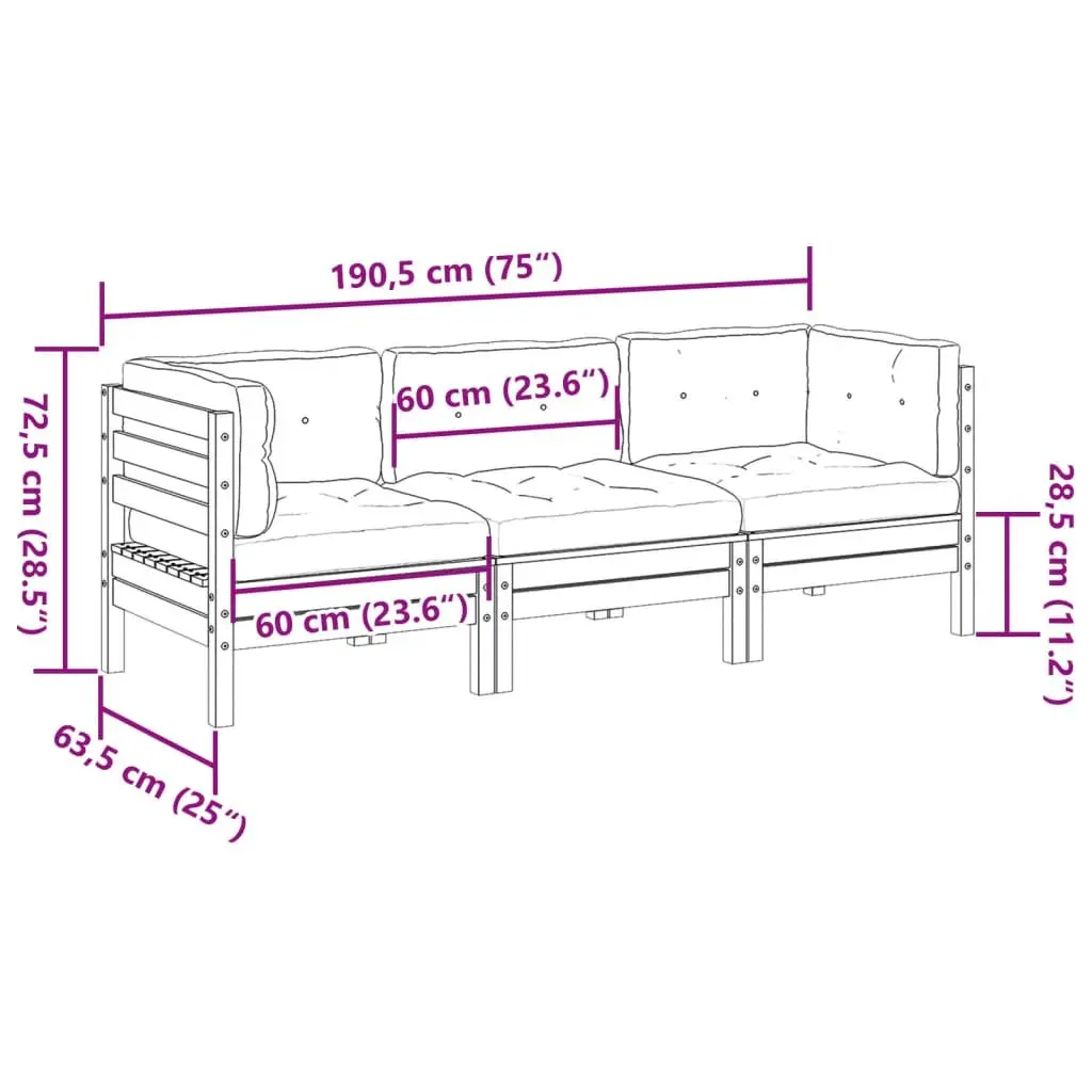 Garden Sofa Set 3 Piece Outdoor Furniture with Cushions Wood Backyard Patio