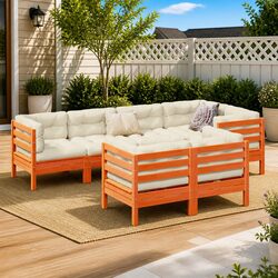 Garden Sofa Set 7 Piece Outdoor Furniture Brown Wood with Cushions Patio Seating