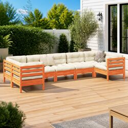 Garden Sofa Set 7 Piece Outdoor Furniture Brown Wood with Cushions Patio Seating