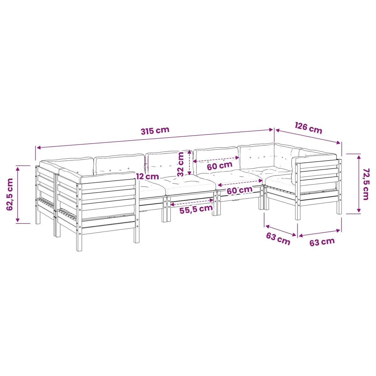 Garden Sofa Set 7 Piece Outdoor Furniture Brown Wood with Cushions Patio Seating