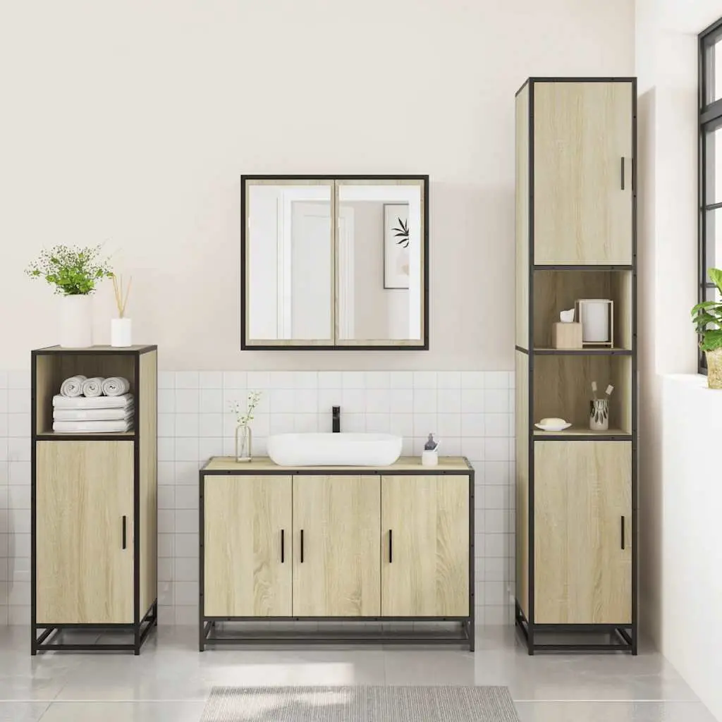 3 Piece Bathroom Vanity Set Brown Engineered Wood with Cabinet and Mirror