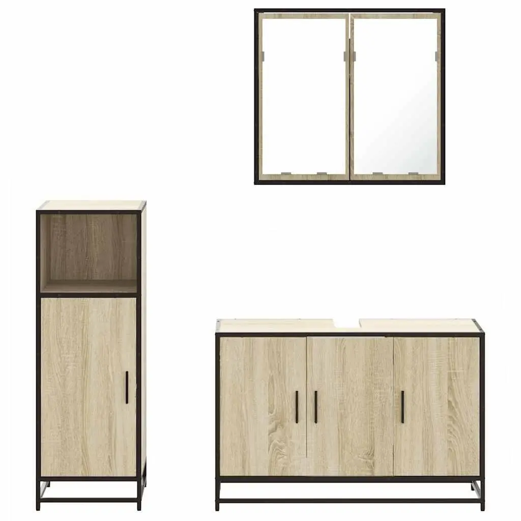 3 Piece Bathroom Vanity Set Brown Engineered Wood with Cabinet and Mirror