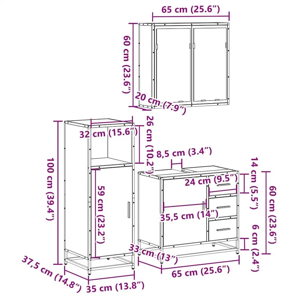 3 Piece Vanity Cabinet Storage Set with Mirror Engineered Wood Brown