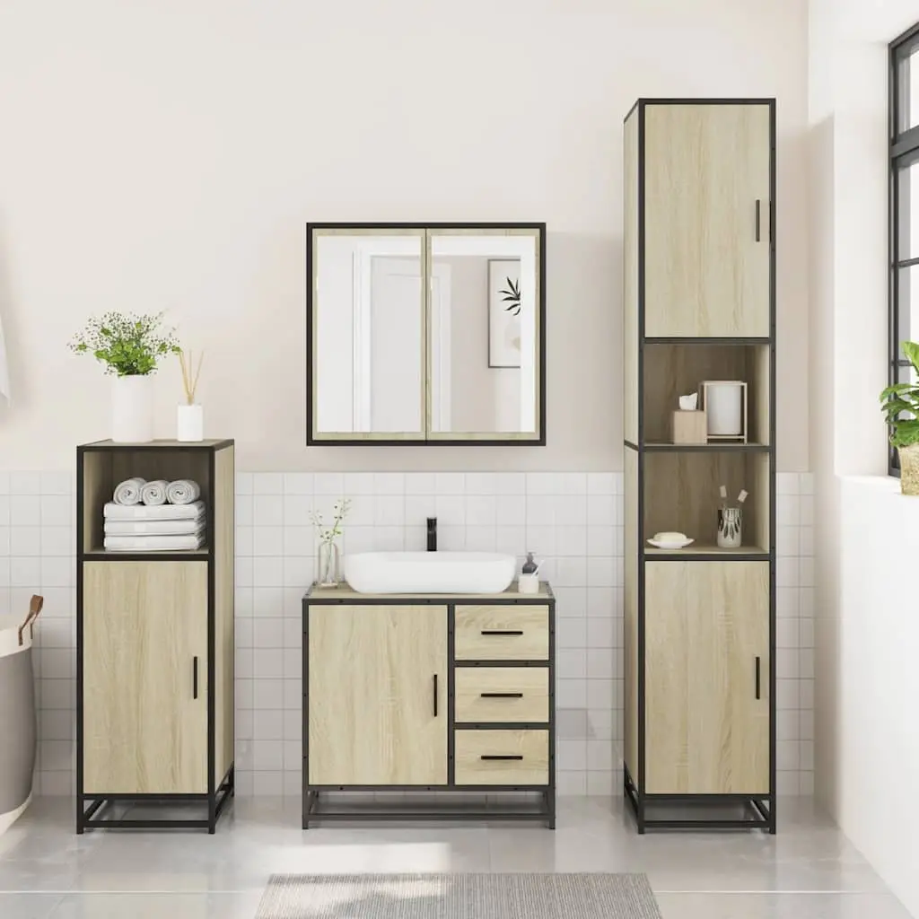 3 Piece Vanity Cabinet Storage Set with Mirror Engineered Wood Brown