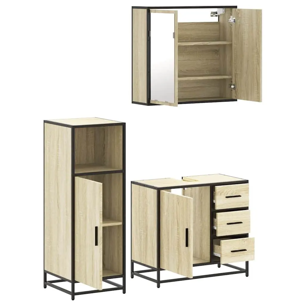 3 Piece Vanity Cabinet Storage Set with Mirror Engineered Wood Brown