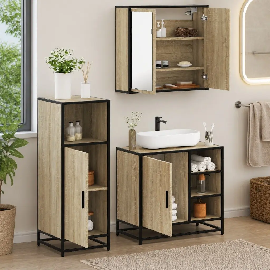 Bathroom Furniture Set 3 Piece Brown Vanity Cabinet Mirror Storage Engineered Wood Metal Frame