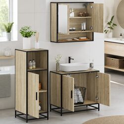 Bathroom Furniture Set 3 Piece Brown Engineered Wood Vanity Cabinet Mirror