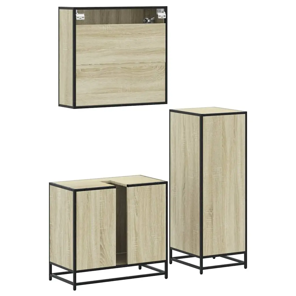 Bathroom Furniture Set 3 Piece Brown Engineered Wood Vanity Cabinet with Mirror