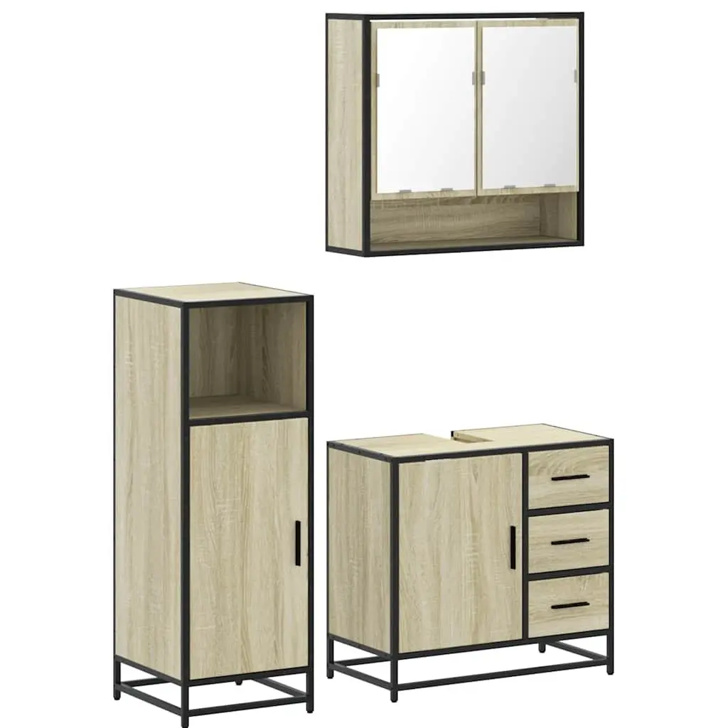 Bathroom Furniture Set 3 Piece Brown Engineered Wood Vanity Cabinet Mirror Storage