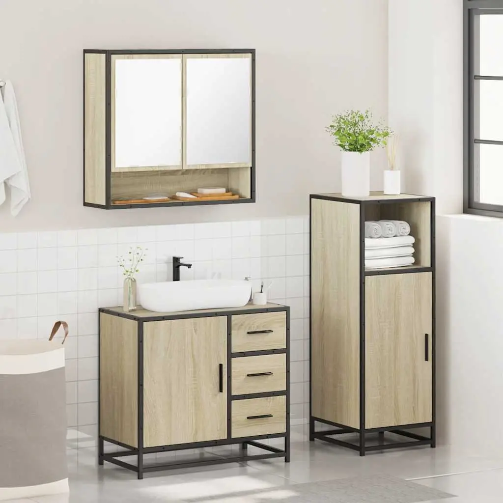 Bathroom Furniture Set 3 Piece Brown Engineered Wood Vanity Cabinet Mirror Storage