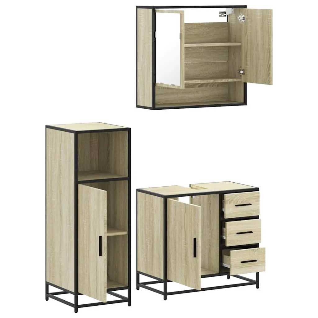 Bathroom Furniture Set 3 Piece Brown Engineered Wood Vanity Cabinet Mirror Storage