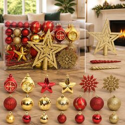 108 Piece Gold Red Christmas Bauble Ornament Set Shatterproof Seasonal Hanging