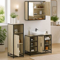 Bathroom Furniture Set 3 Piece Brown Vanity Cabinet Mirror Engineered Wood