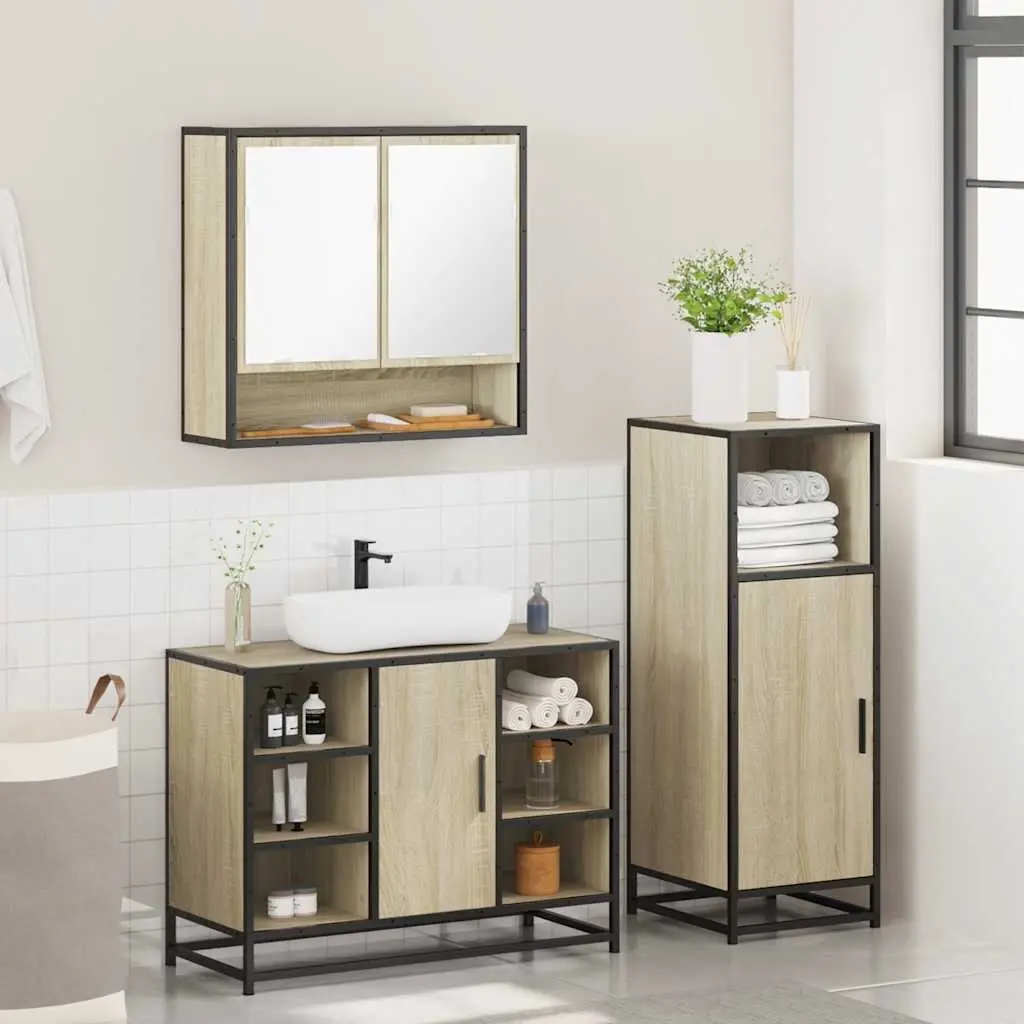 3 Piece Bathroom Set Brown Engineered Wood Vanity Cabinet Mirror Storage Unit