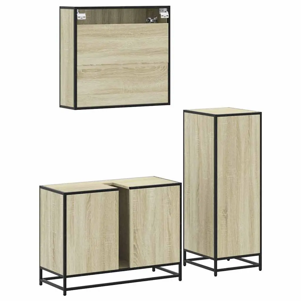 3 Piece Bathroom Set Brown Engineered Wood Vanity Cabinet Mirror Storage Unit