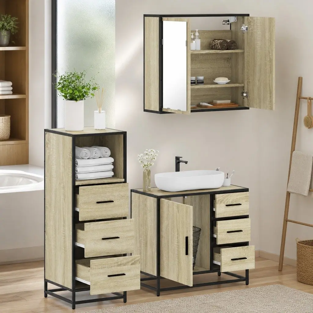 3 Piece Vanity Set Engineered Wood Bathroom Cabinet with Mirror Brown