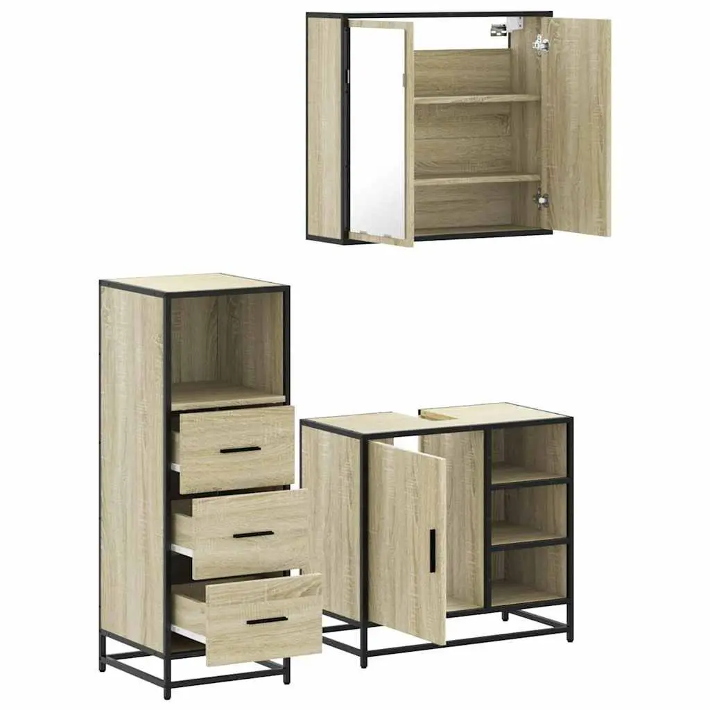 Bathroom Furniture Set 3 Piece Vanity Cabinet Mirror Sonoma Oak Storage Unit