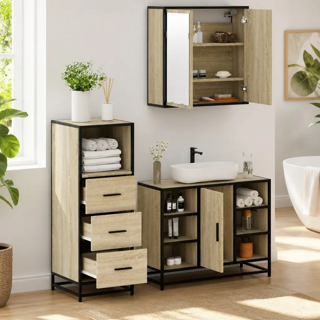 3 Piece Bathroom Furniture Set Brown Engineered Wood Vanity Cabinet Mirror Storage
