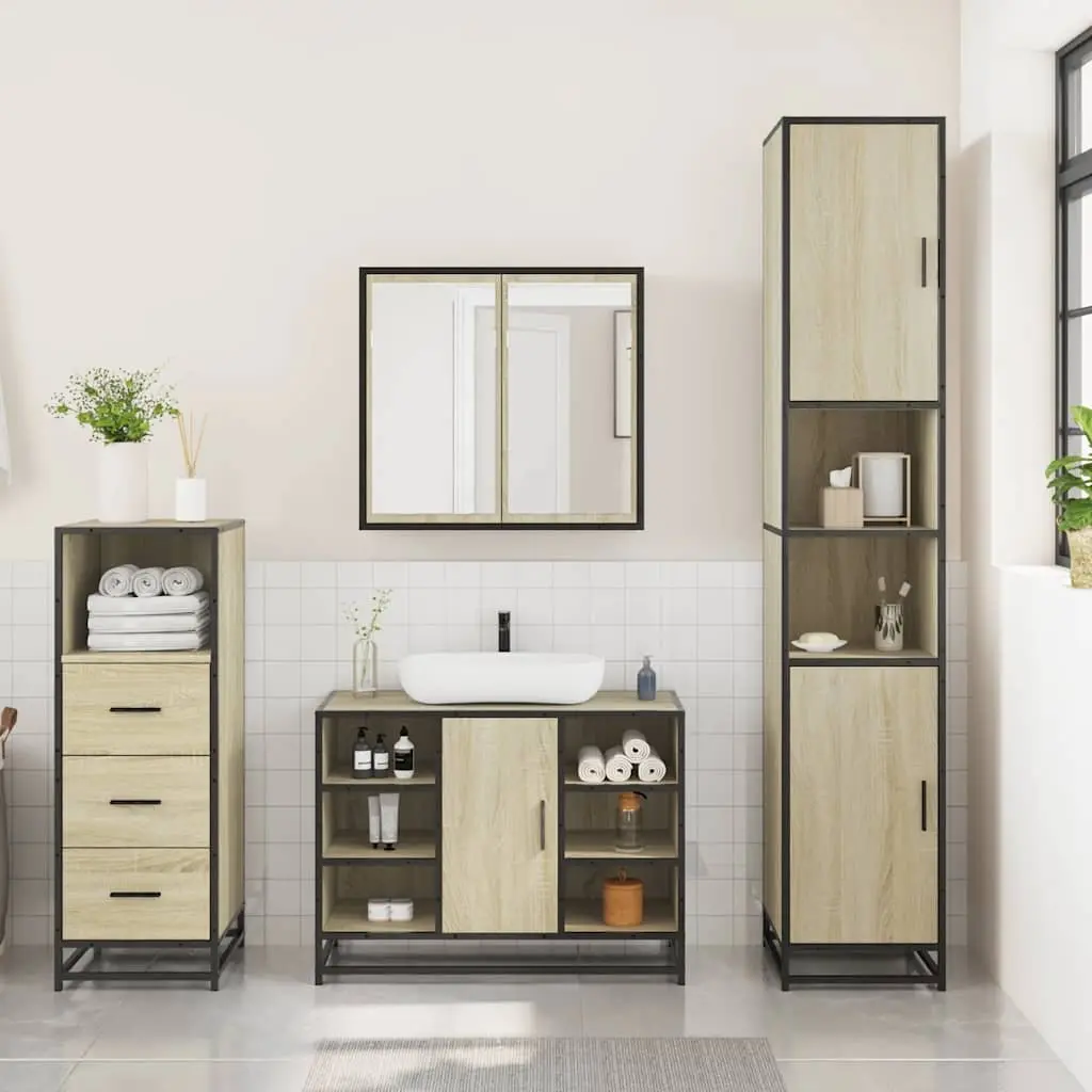 3 Piece Bathroom Furniture Set Brown Engineered Wood Vanity Cabinet Mirror Storage