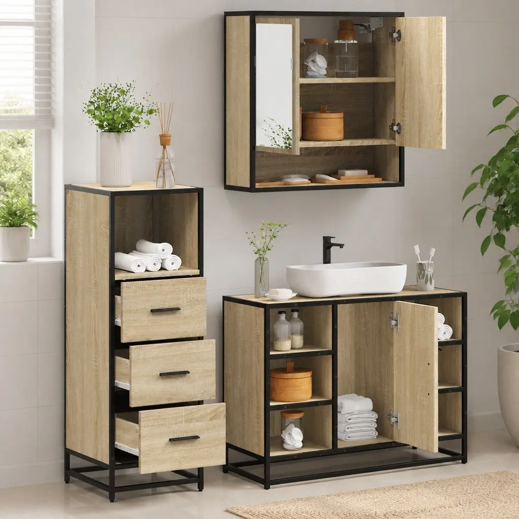 Brown Bathroom Set 3 Piece Engineered Wood Storage Vanity Mirror Cabinet