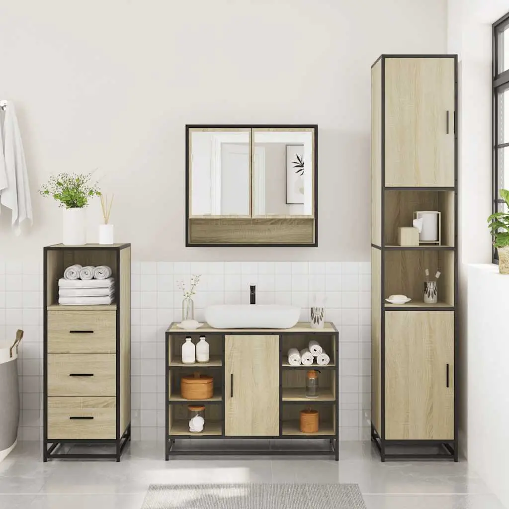 Brown Bathroom Set 3 Piece Engineered Wood Storage Vanity Mirror Cabinet