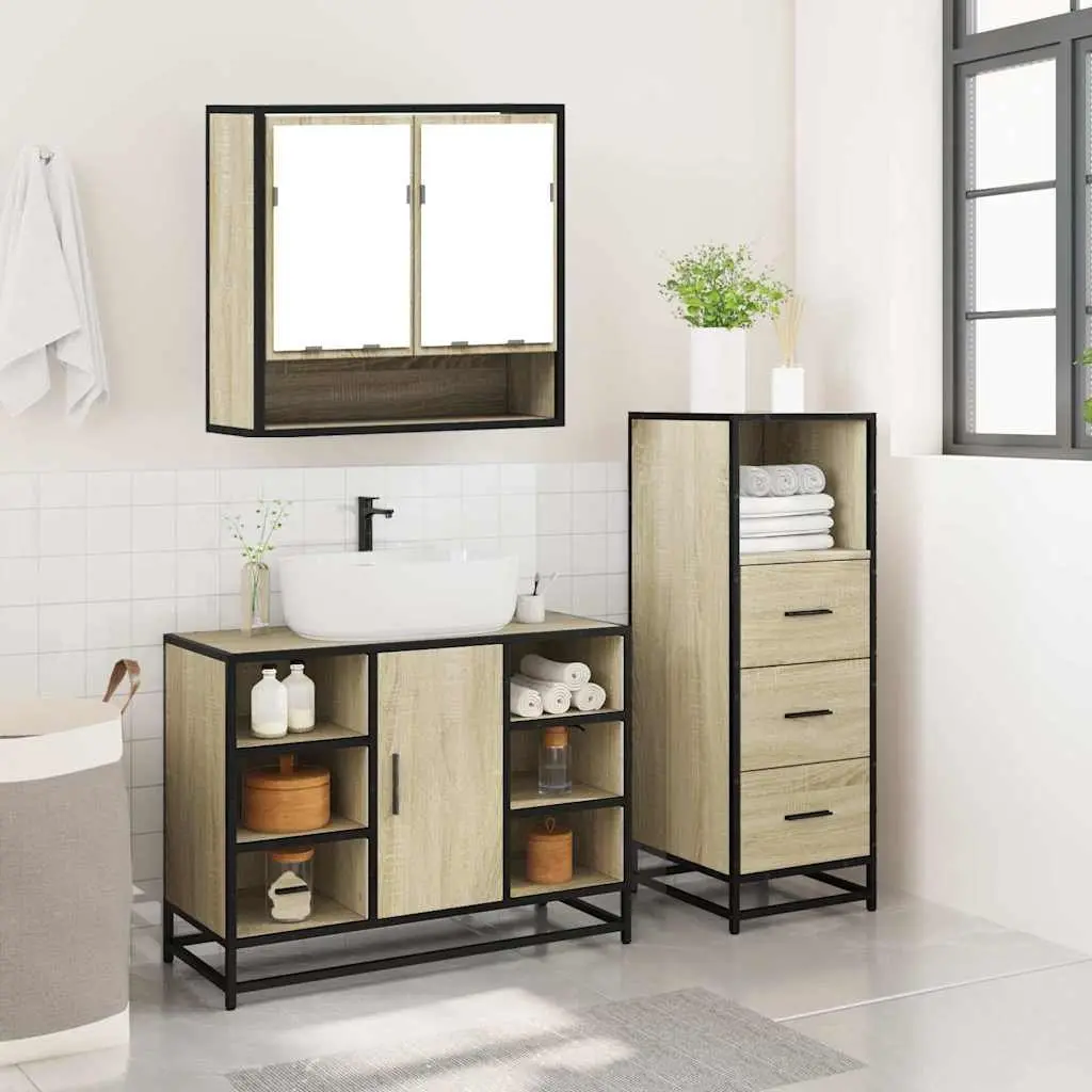 Brown Bathroom Set 3 Piece Engineered Wood Storage Vanity Mirror Cabinet