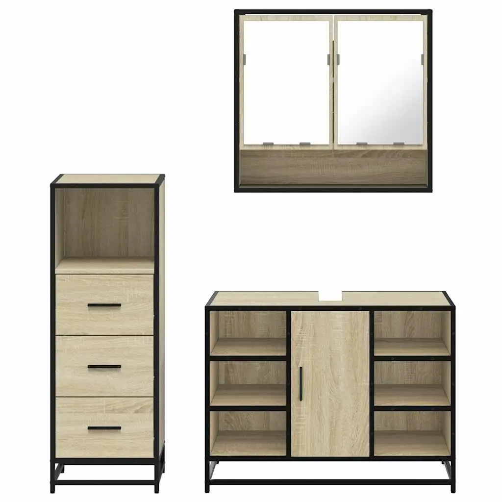 Brown Bathroom Set 3 Piece Engineered Wood Storage Vanity Mirror Cabinet