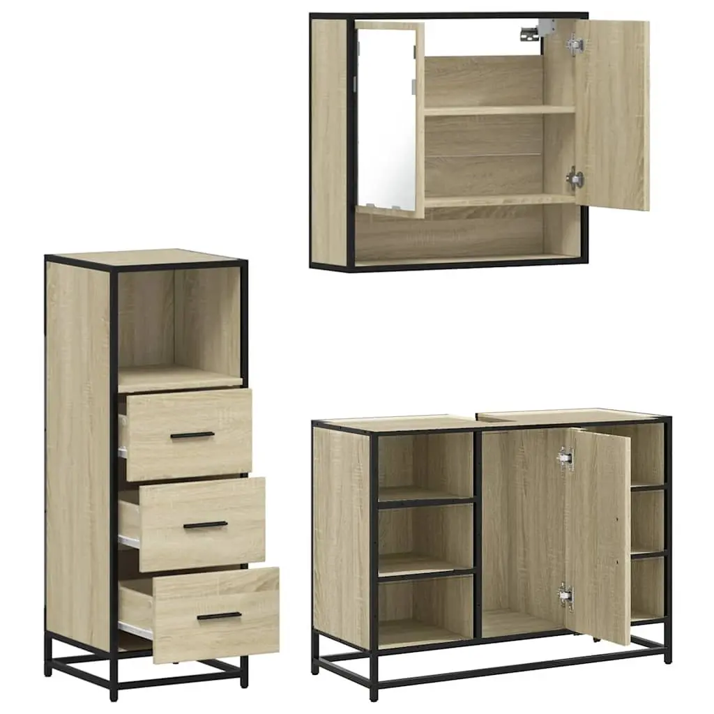Brown Bathroom Set 3 Piece Engineered Wood Storage Vanity Mirror Cabinet
