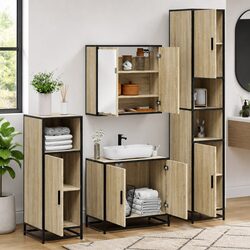 Bathroom Furniture Set 4 Piece Sonoma Oak Engineered Wood Storage Cabinet Mirror